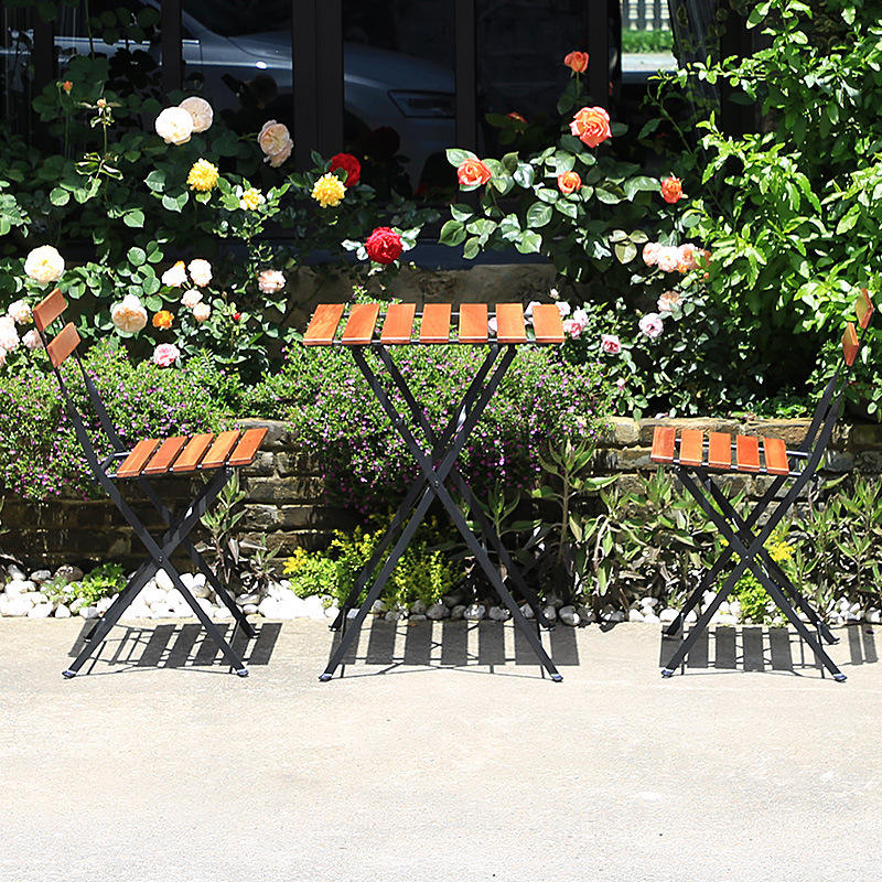 Conjunto de mesa e cadeira dobrável para jantar ao ar livre, móveis comerciais, estrutura de metal, cadeira de madeira, jardim, pátio