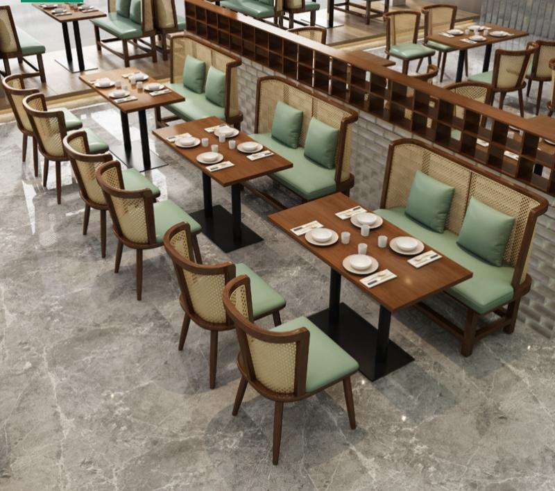 Sudeste asiático estilo restaurante madeira maciça rattan cabine sofá móveis comerciais mesas sillas cabine mesa cadeira conjunto