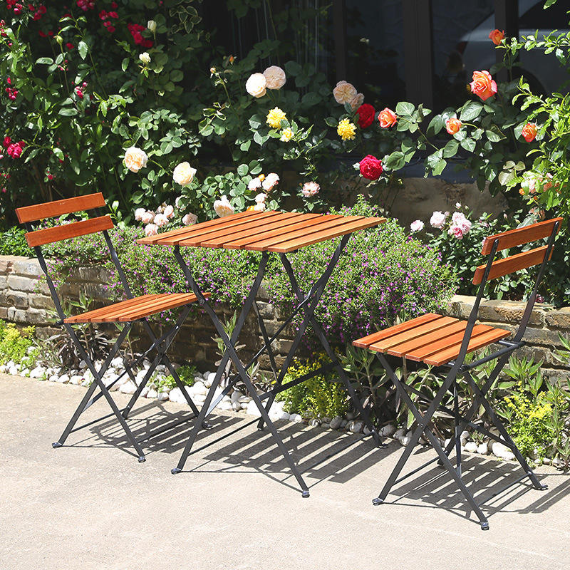 Conjunto de mesa e cadeira dobrável para jantar ao ar livre, móveis comerciais, estrutura de metal, cadeira de madeira, jardim, pátio